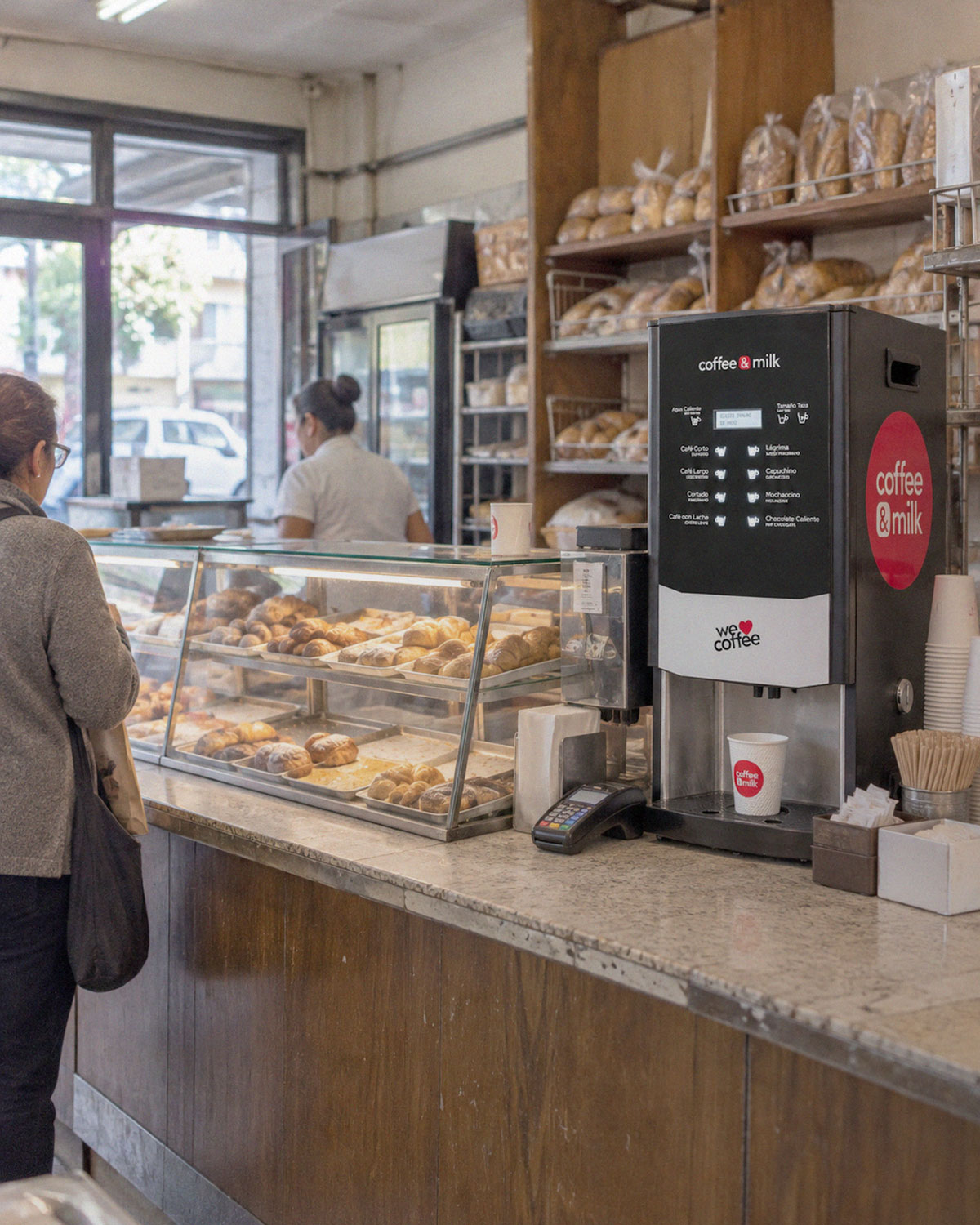 Expendedora de café Adriático de Coffee & Milk en el mostrador de una panadería