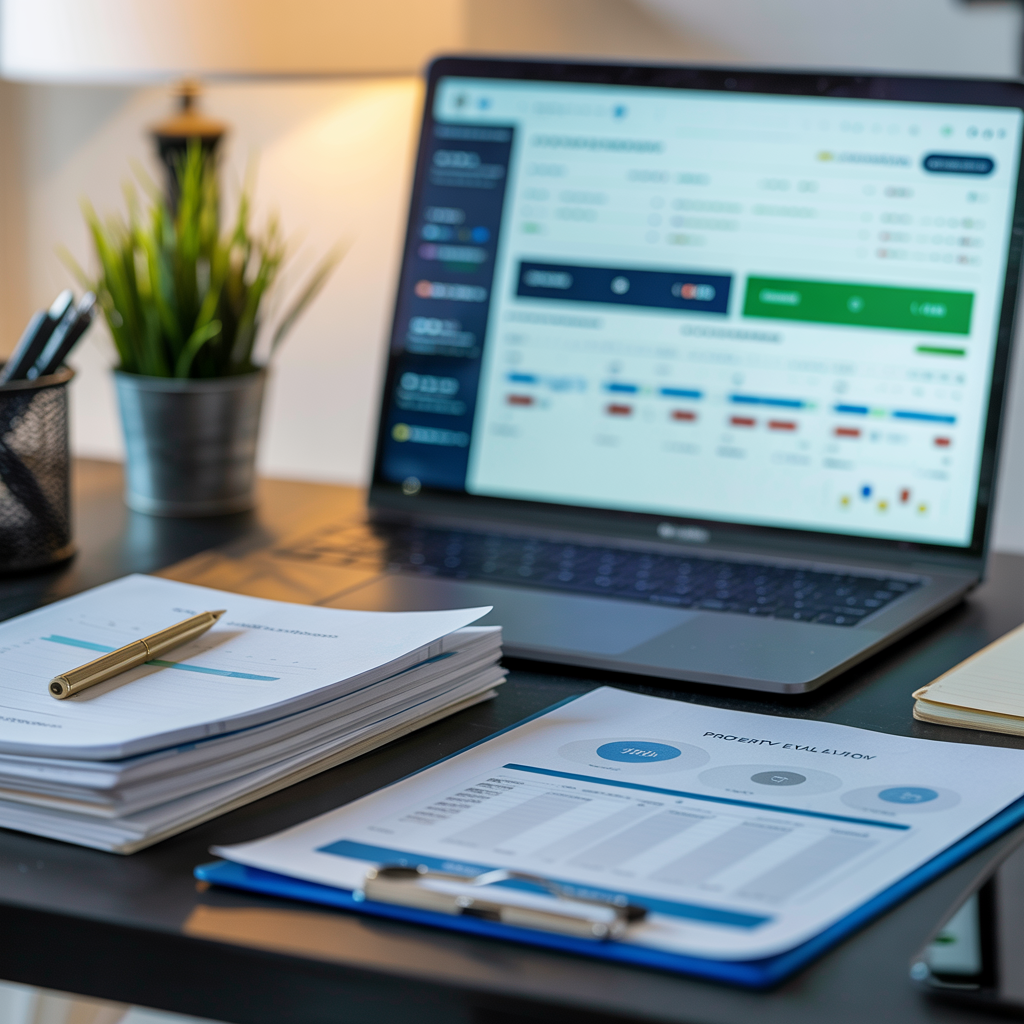 Laptop showing property evaluation dashboard with paperwork, representing Above Offers' data-driven approach