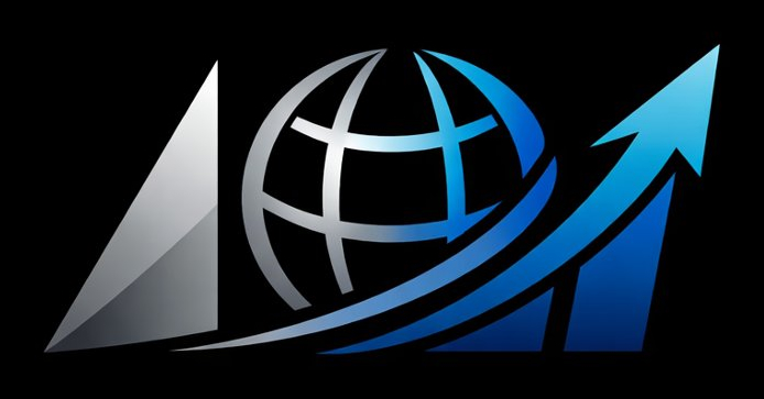 Stylized globe with longitude and latitude lines, accompanied by upward-pointing arrow and geometric shapes in blue and gray gradient on black background.