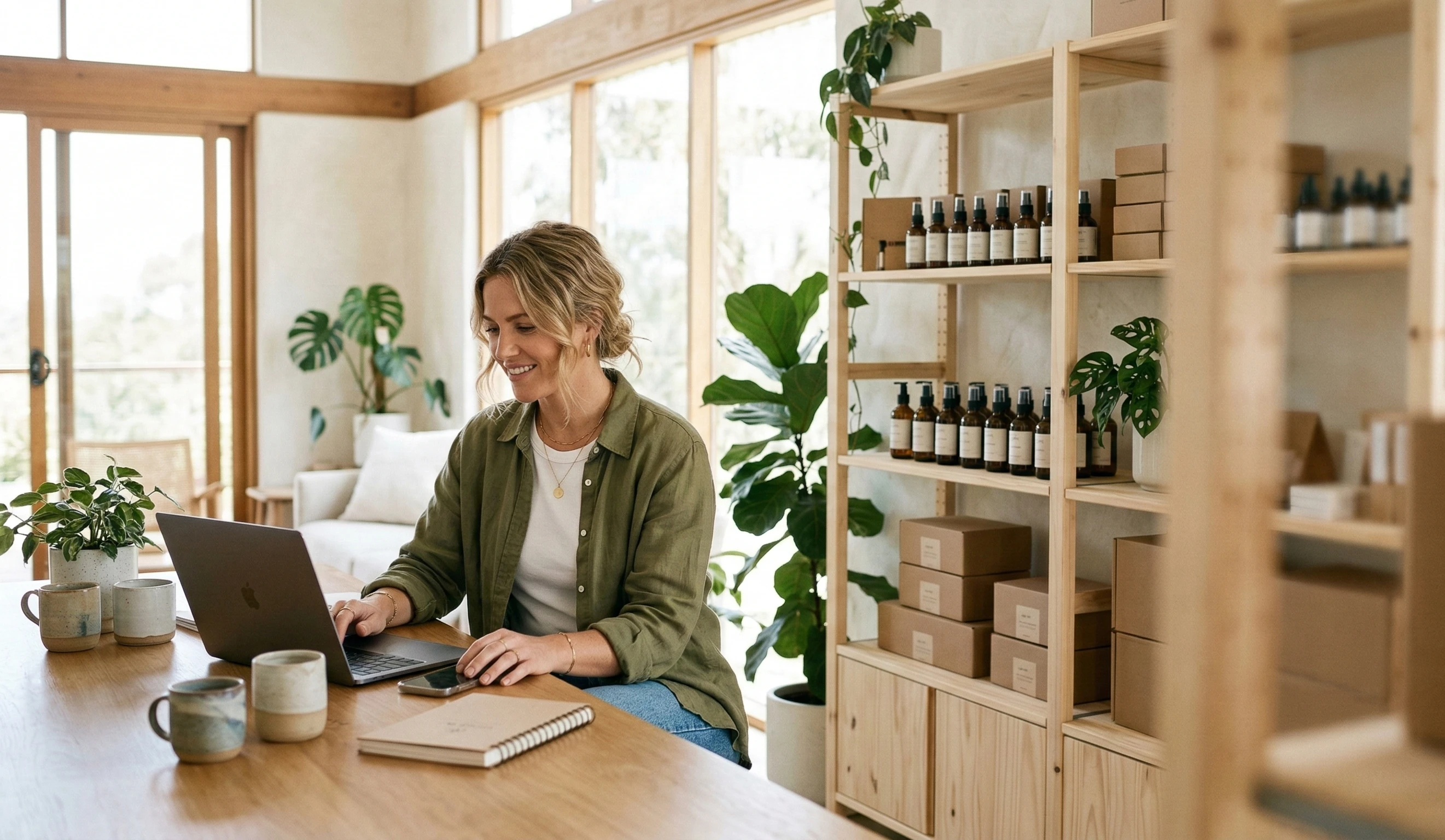 Woman in a green shirt working on a laptop at a wooden table in a bright room with plants and shelves of packaged products.