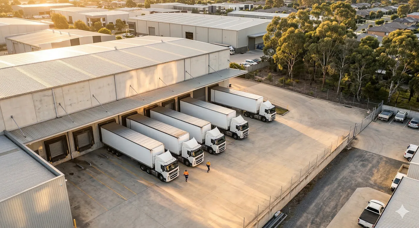 Aerial view of five white trucks backed up to loading docks of a large warehouse with two workers walking nearby in an industrial area.