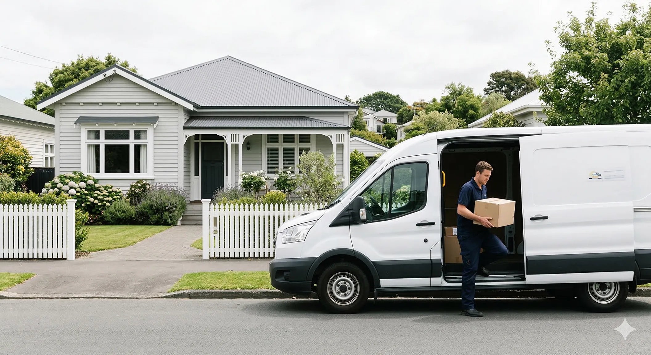 Delivery person stepping out of a white van holding a package in front of a grey house with a white picket fence.