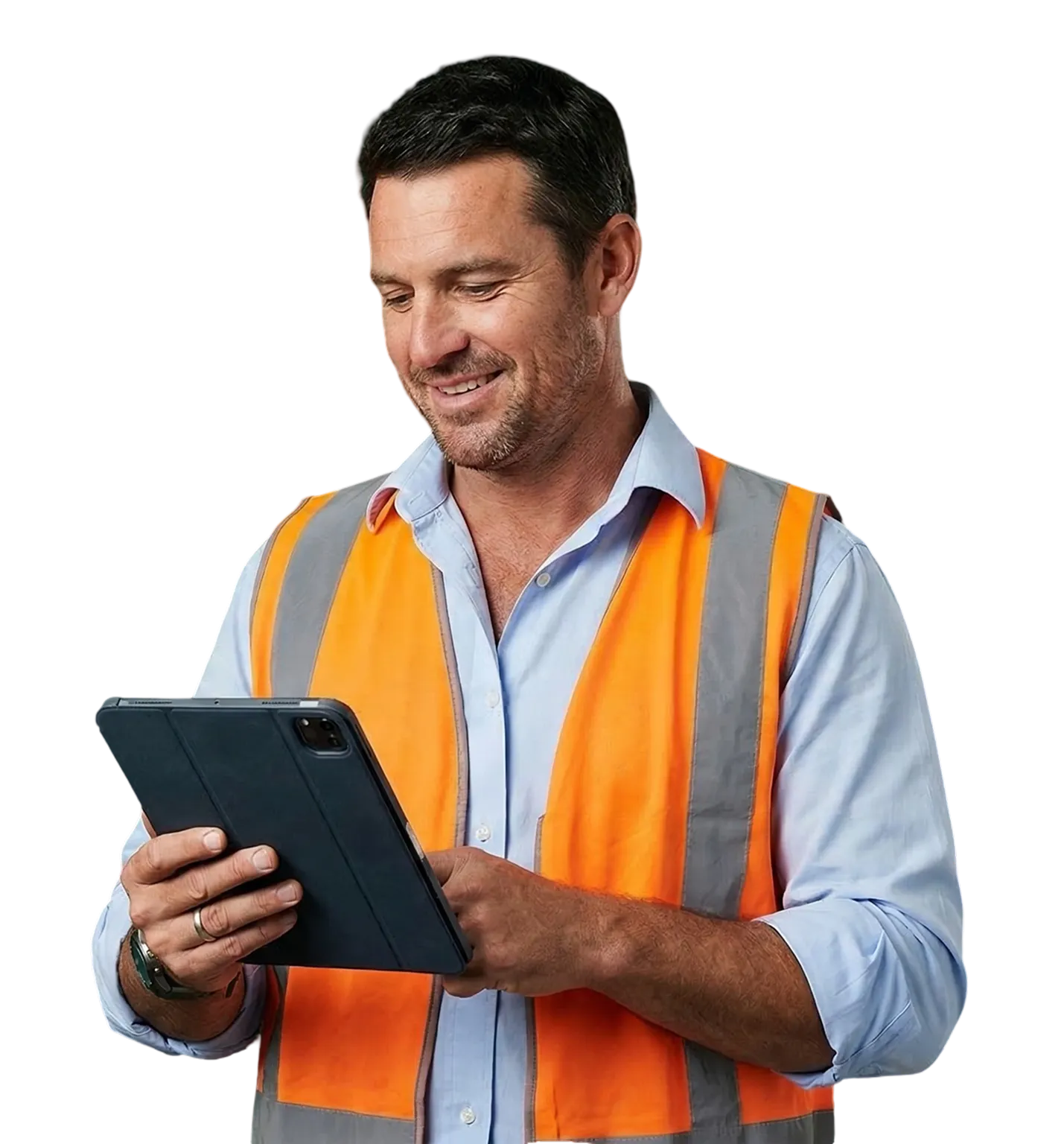 Man in an orange safety vest and blue shirt using a tablet device with a smile.