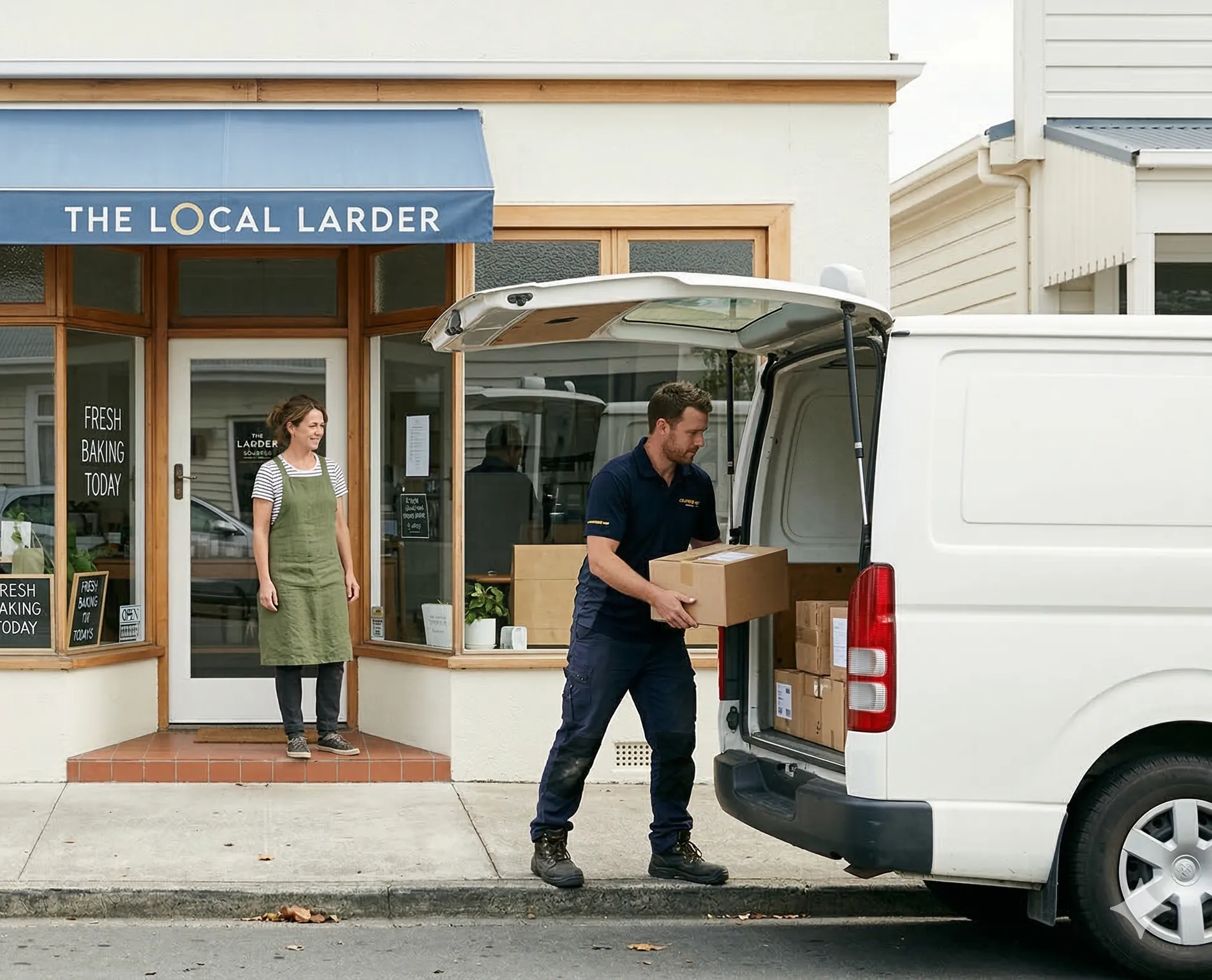 Delivery man unloading boxes from a white van outside a bakery with a woman in an apron standing at the entrance.