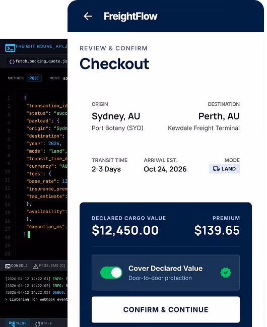 FreightFlow checkout screen showing shipping details from Sydney to Perth with transit time 2-3 days, declared cargo value $12,450, and insurance premium $112.