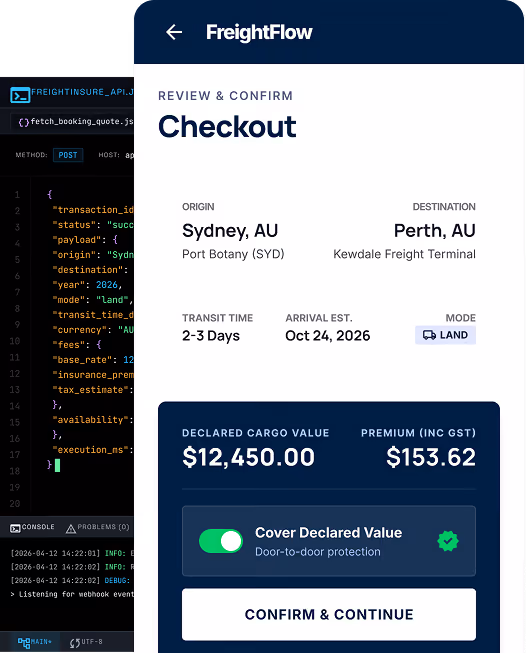 FreightFlow checkout screen showing shipping details from Sydney to Perth with transit time 2-3 days, declared cargo value $12,450, and insurance premium $112.