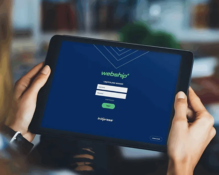 Person holding a tablet displaying a login screen for Webship by InXpress with fields for username and password.