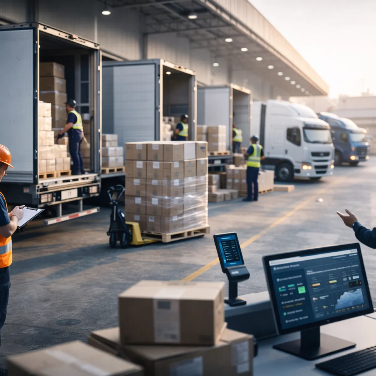 Workers loading boxes into trucks at a warehouse dock with computer screens displaying logistics data in the foreground.