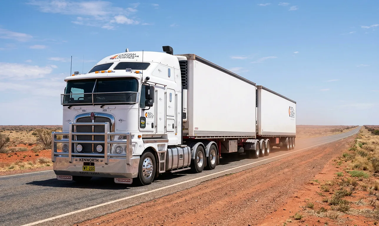 White Kenworth semi-truck with two trailers driving on a highway through a dry, desert landscape under a blue sky.