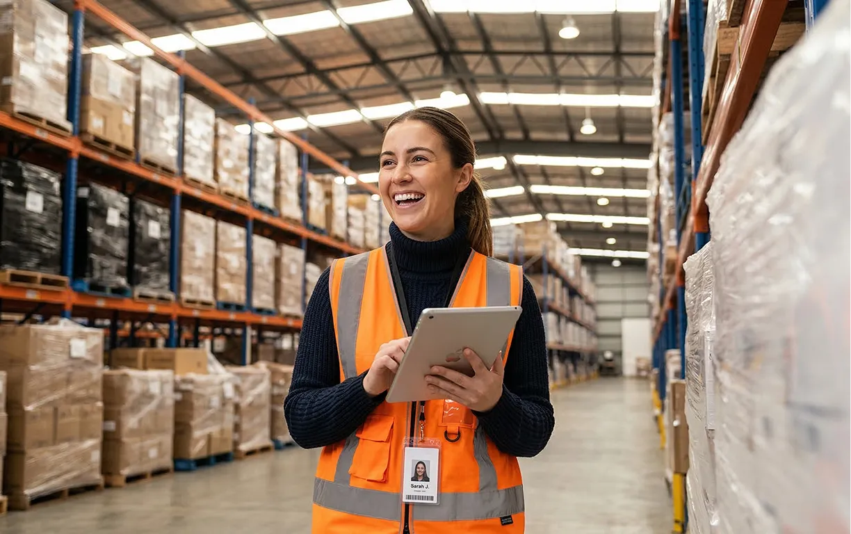 Smiling woman in an orange safety vest holding a tablet in a warehouse aisle with stacked boxes on shelves.