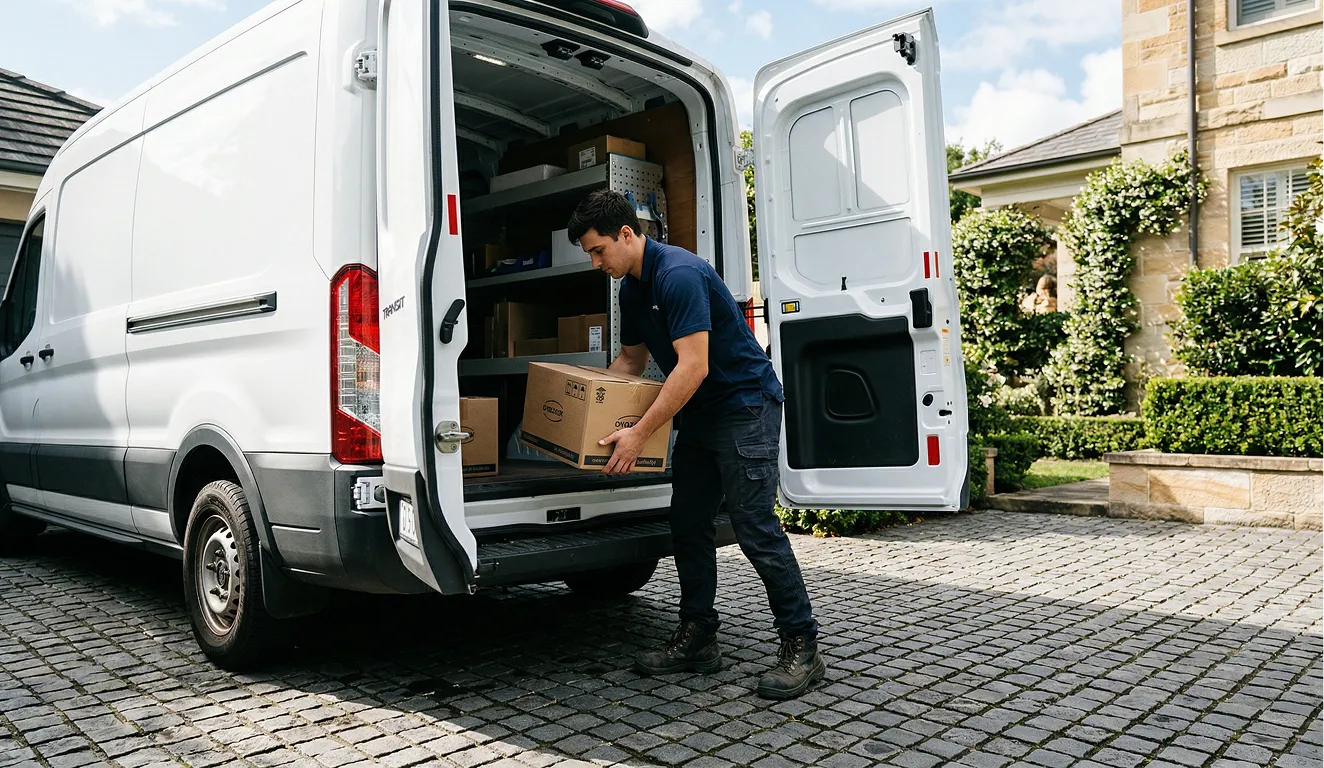 Delivery worker unloading cardboard boxes from the back of a white van in a residential driveway.