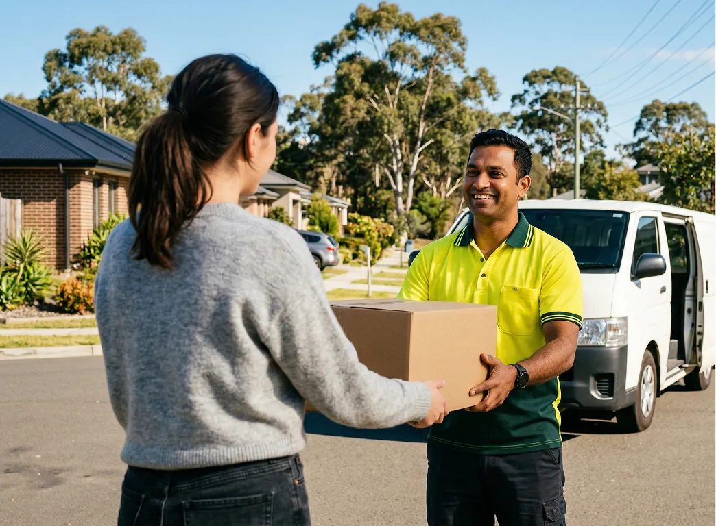 Smiling delivery man in yellow and green uniform handing a cardboard box to a woman on a suburban street.