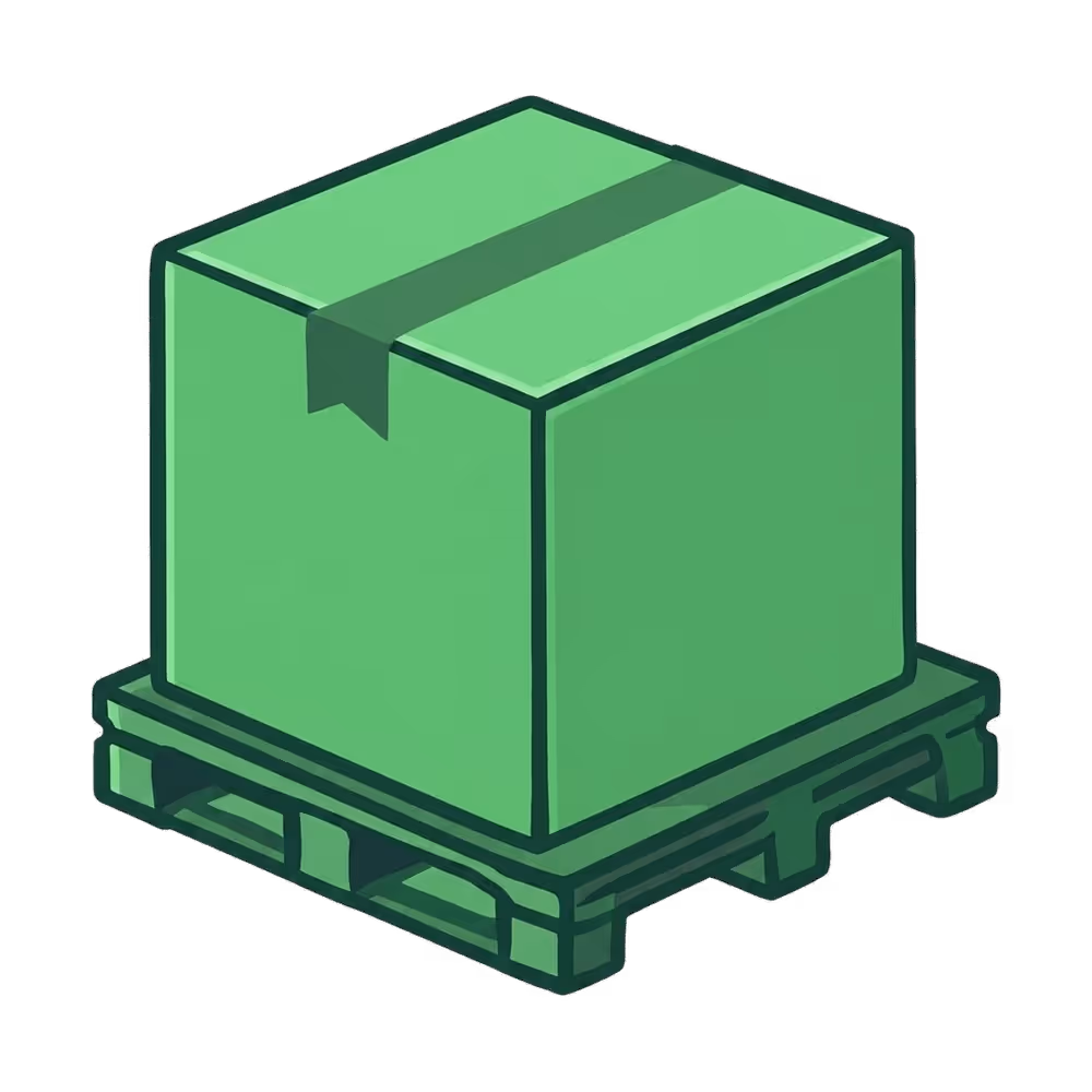 Green cardboard box secured with tape placed on a matching green pallet.