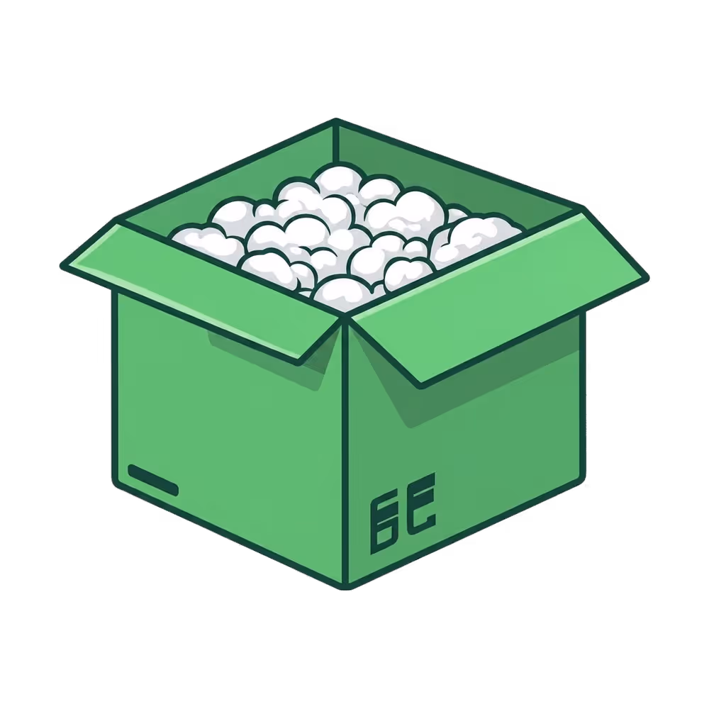 Open green cardboard box filled with white packing peanuts.