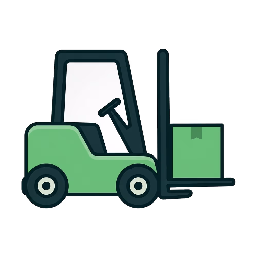 Green forklift carrying a green box on its forks.