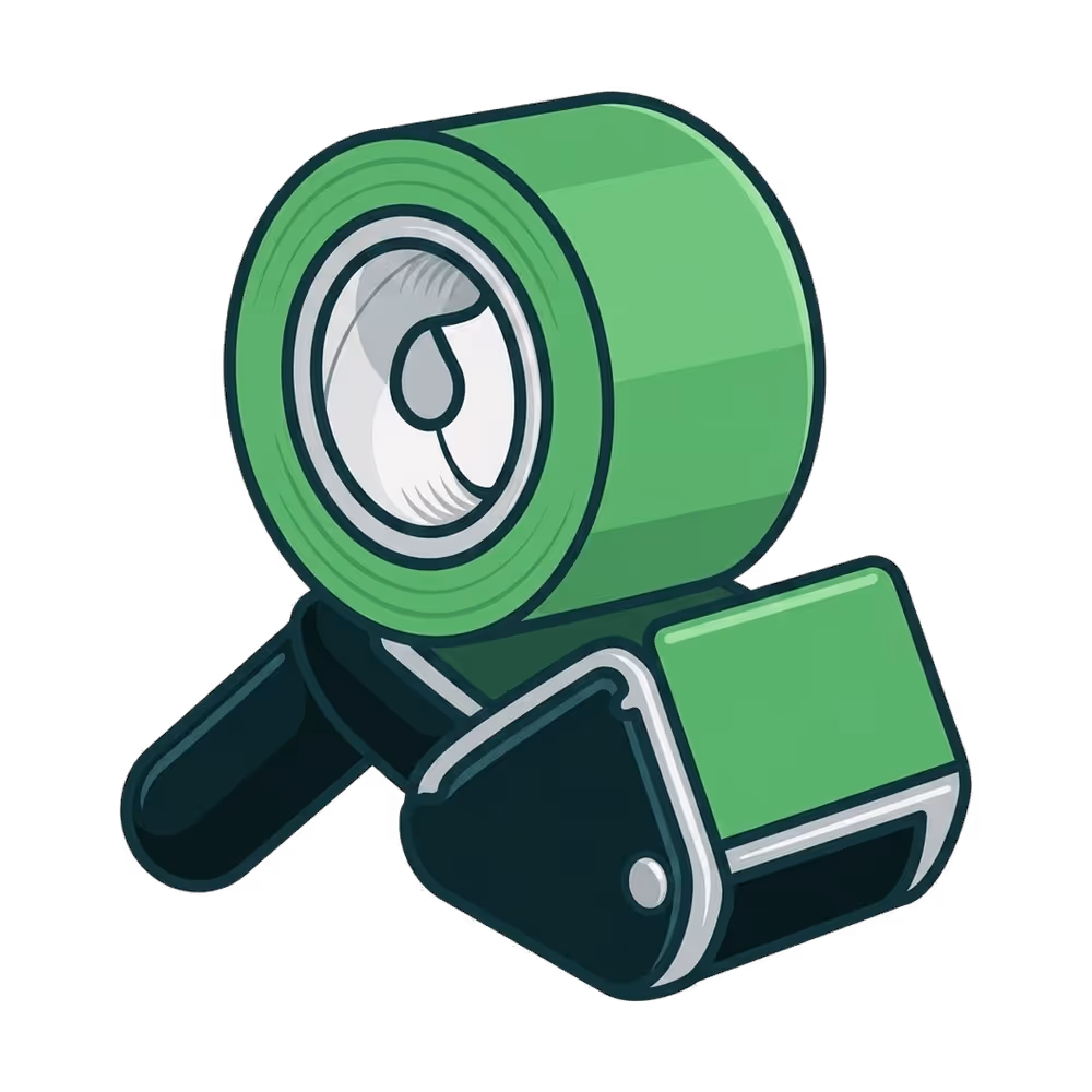 Green adhesive tape roll mounted on a black and green tape dispenser.