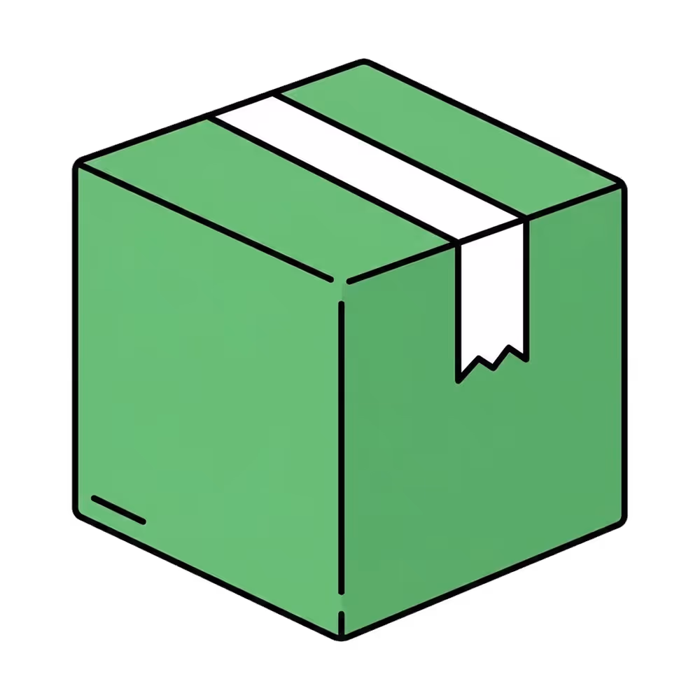 Green closed cardboard box sealed with white tape.