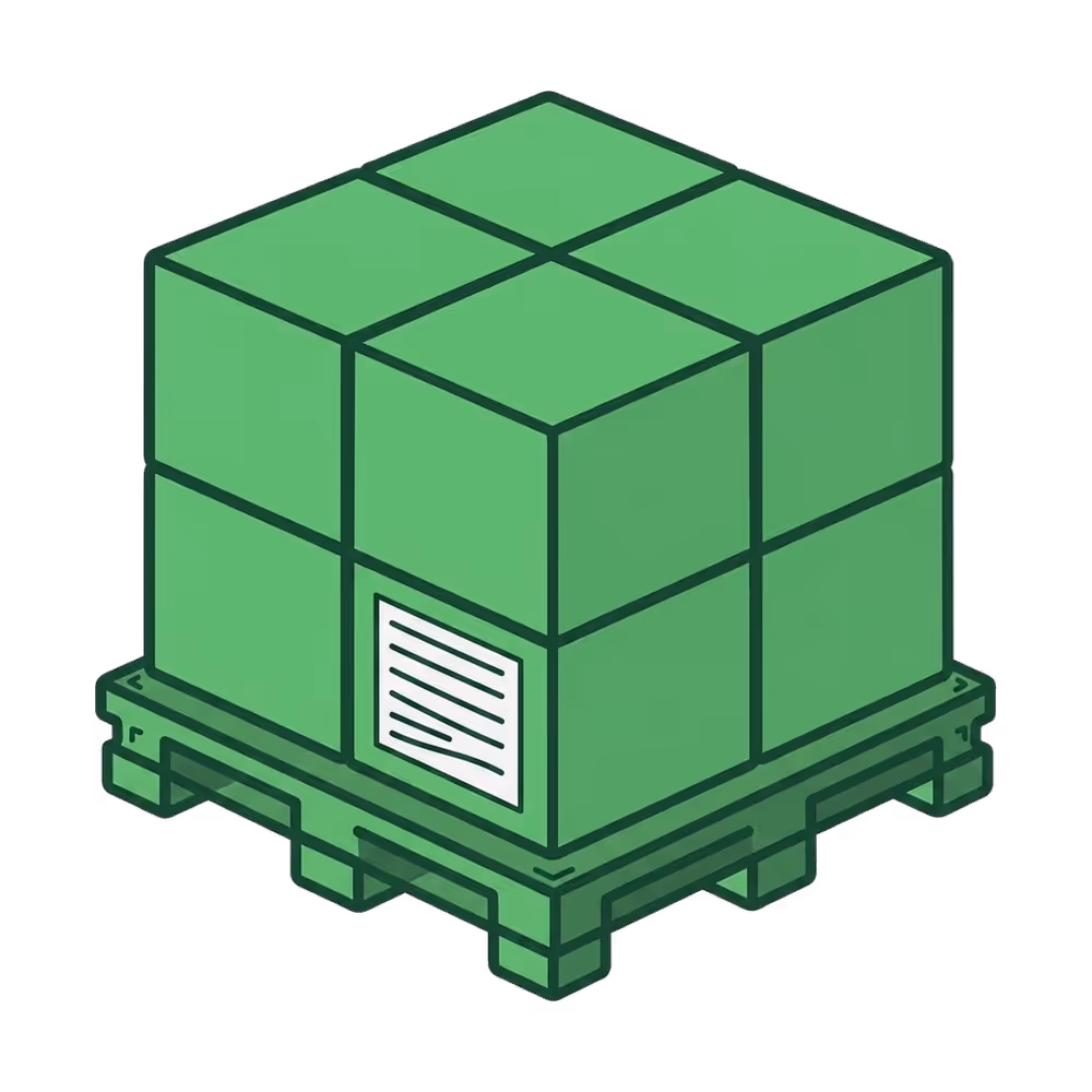 Green pallet loaded with six green boxes stacked in two layers and a label on the front box.