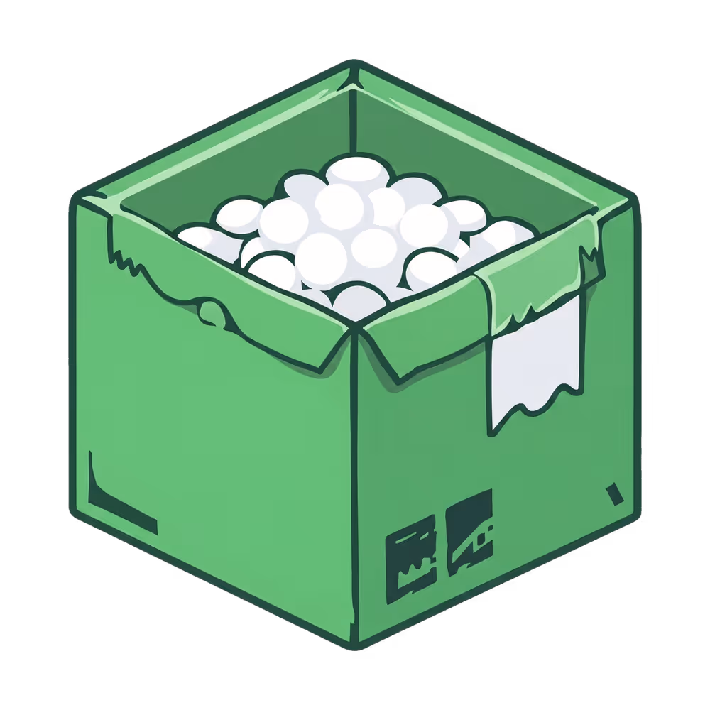 Illustration of an open green cardboard box filled with white packing peanuts.