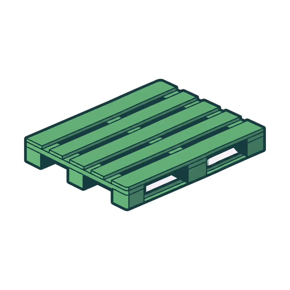 Green wooden pallet with five top planks and three support blocks underneath.