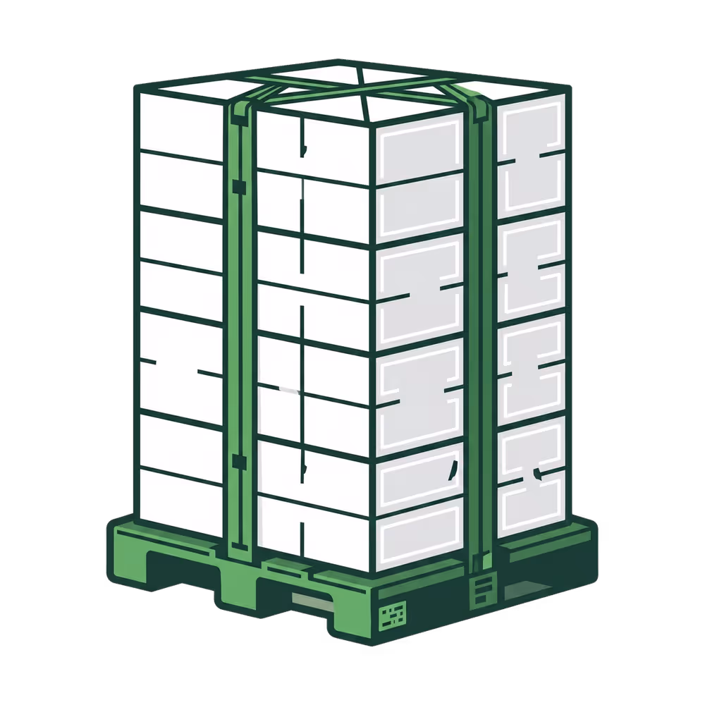 Illustration of a green pallet stacked with multiple white boxes secured with green straps.
