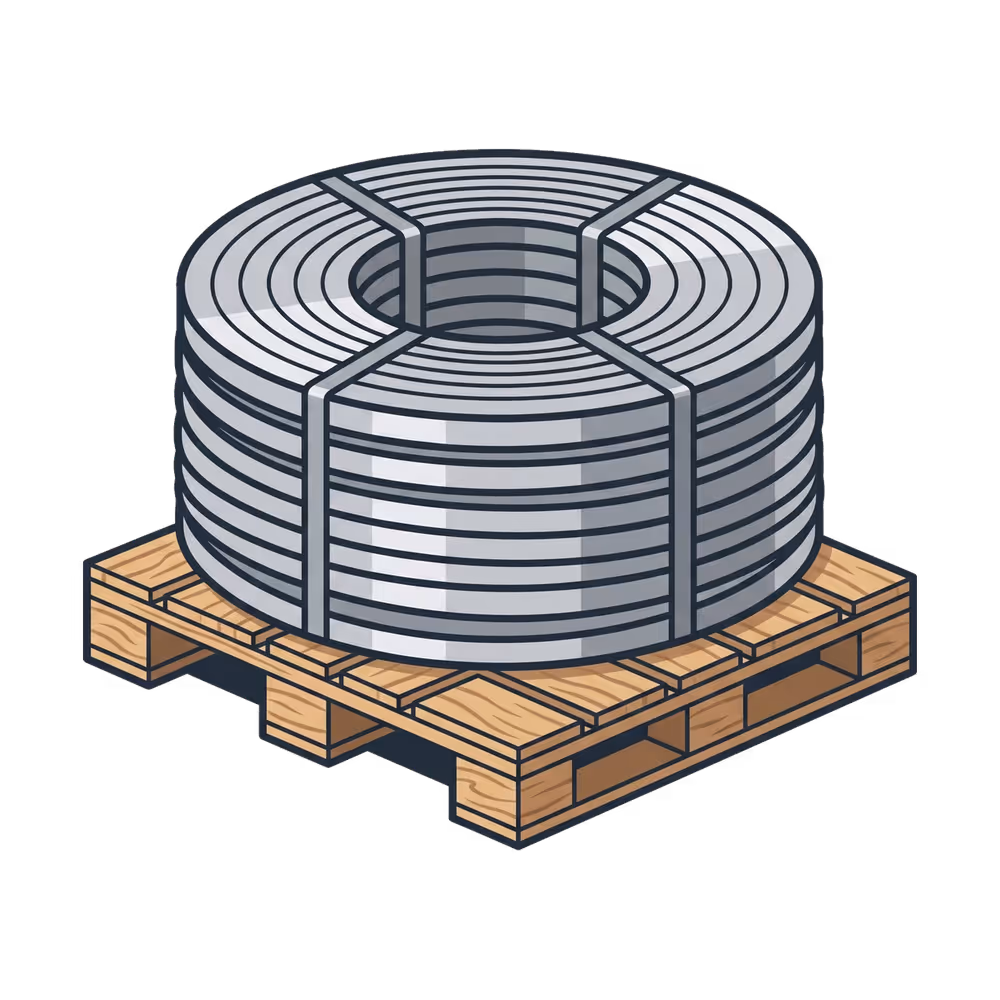 Coiled steel band secured with metal straps on a wooden pallet.