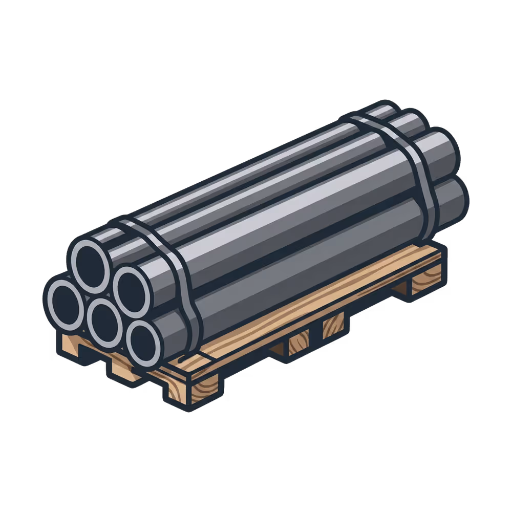 Bundle of six gray metal pipes secured with straps on a wooden pallet.