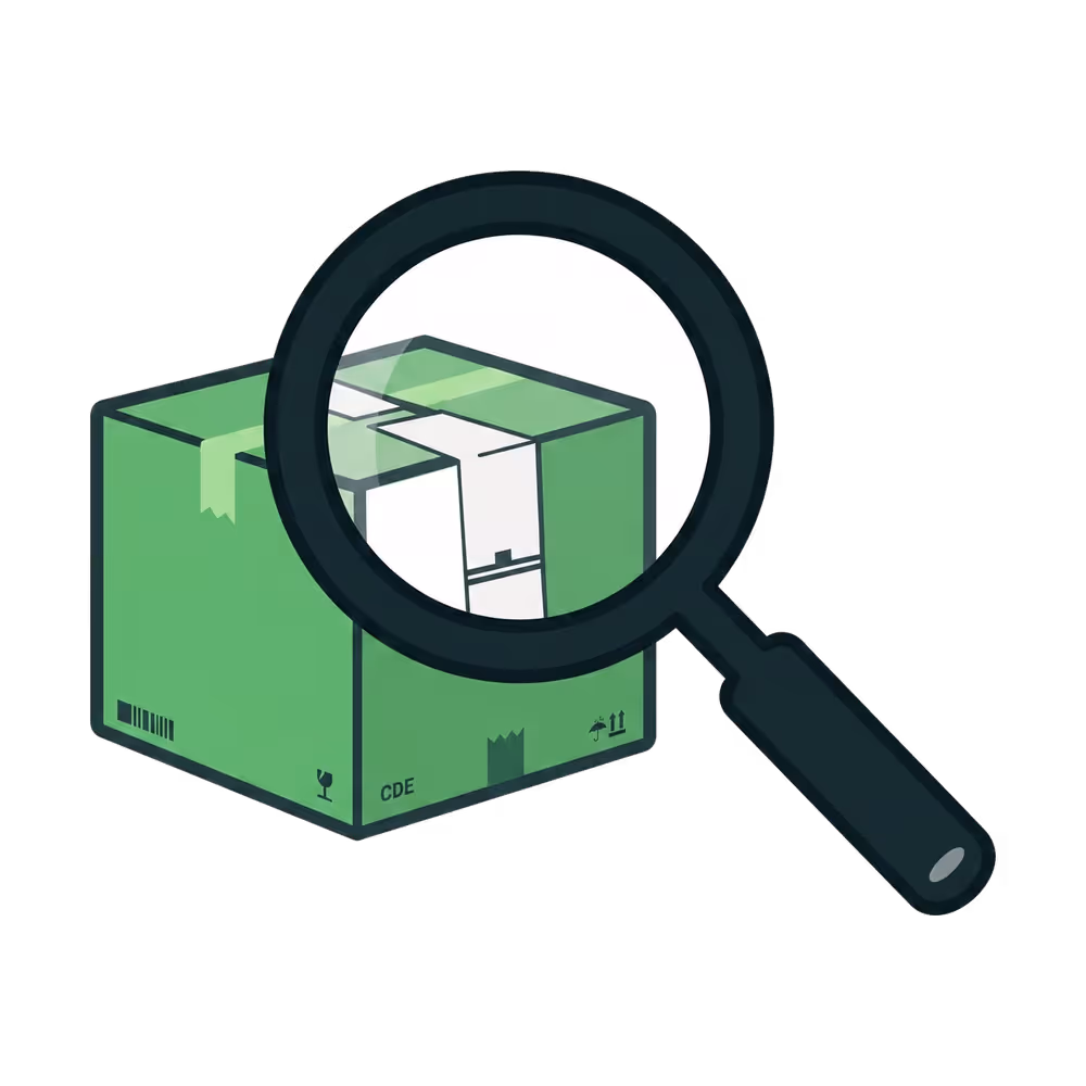 Green package box with shipping tape, magnified by a large magnifying glass.