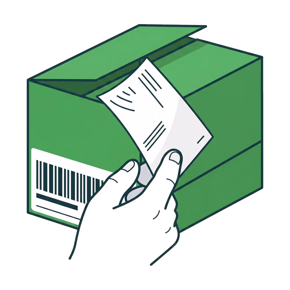 Hand attaching a label to a green open cardboard box with a barcode.