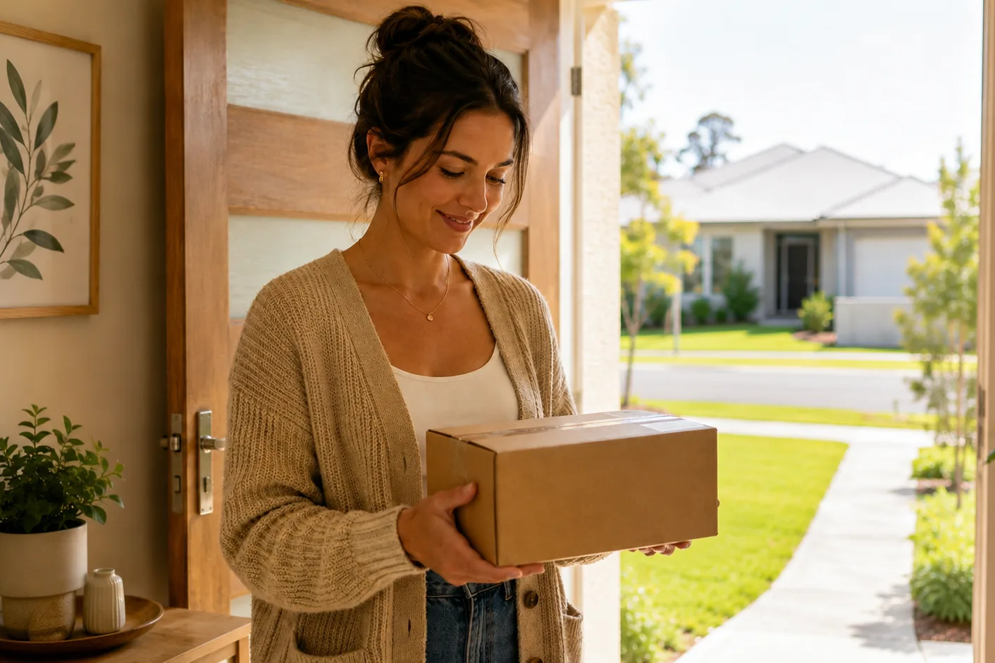 Customer opening her front door holding a delivered parcel