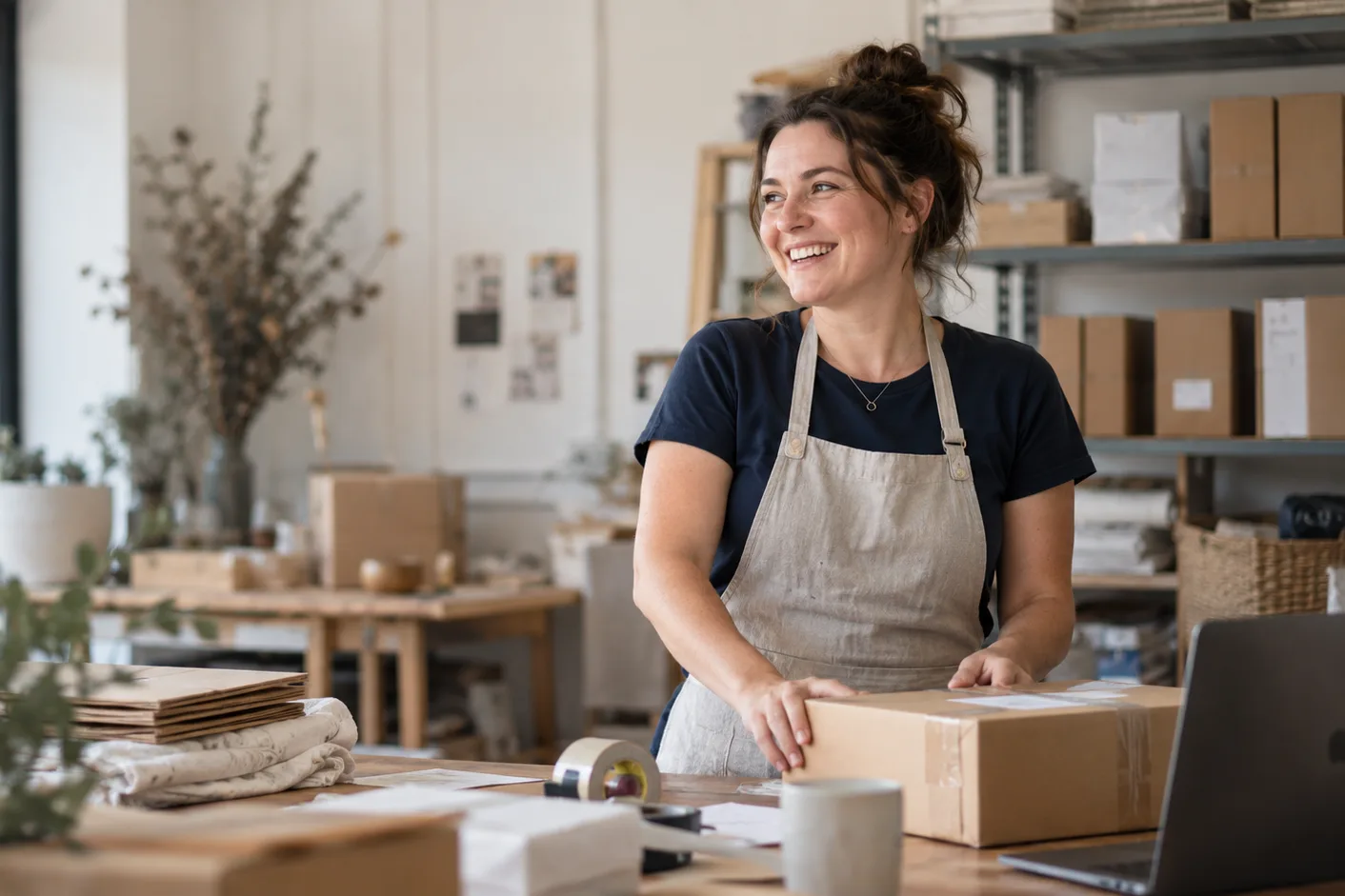 Small business owner packing an order in her studio