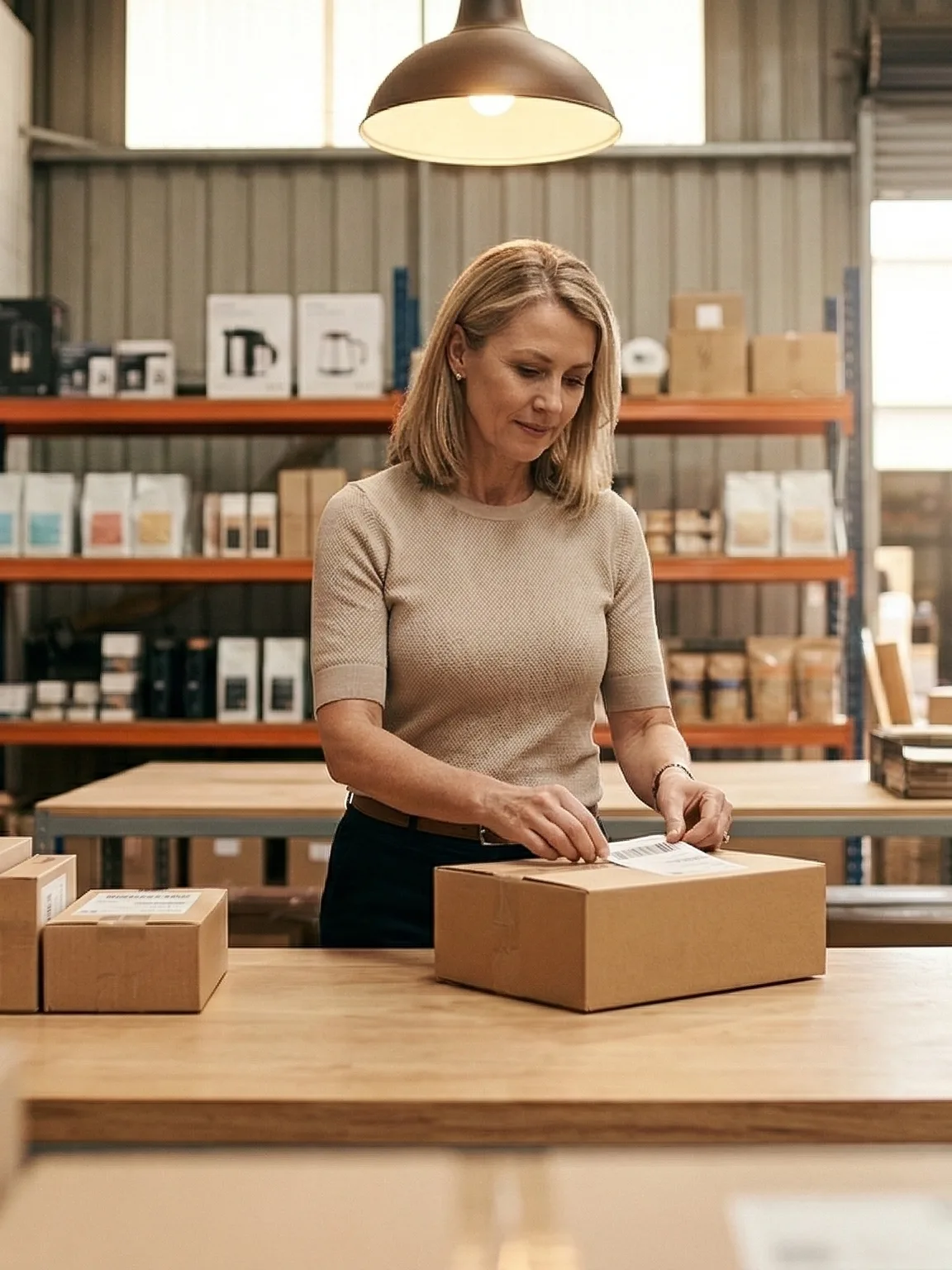 Customer opening her front door holding a delivered parcel