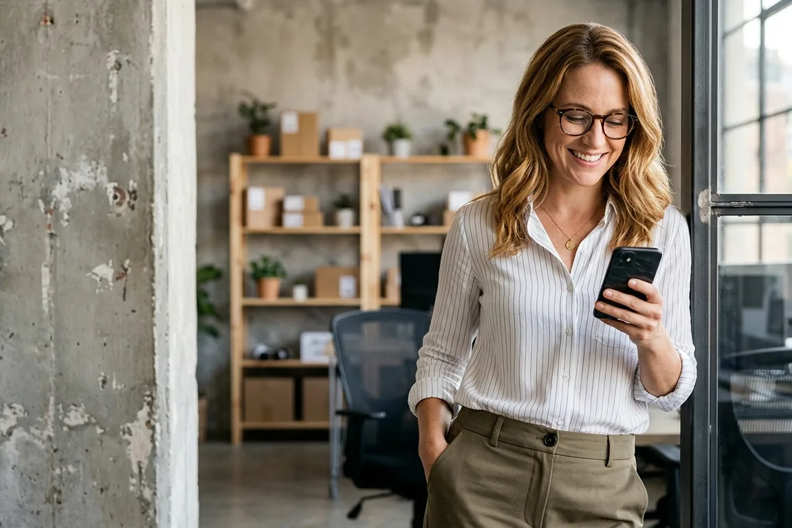 Professional checking her phone in an office