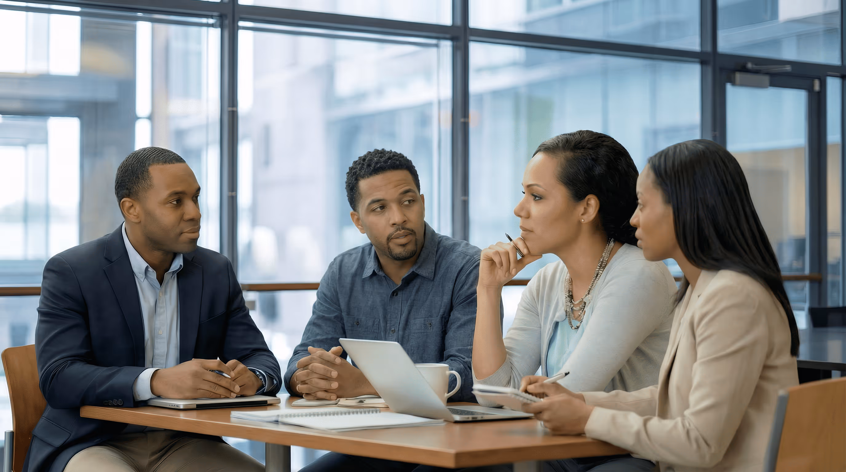 Four diverse professionals engaged in a serious business meeting around a table with a laptop and notebooks.