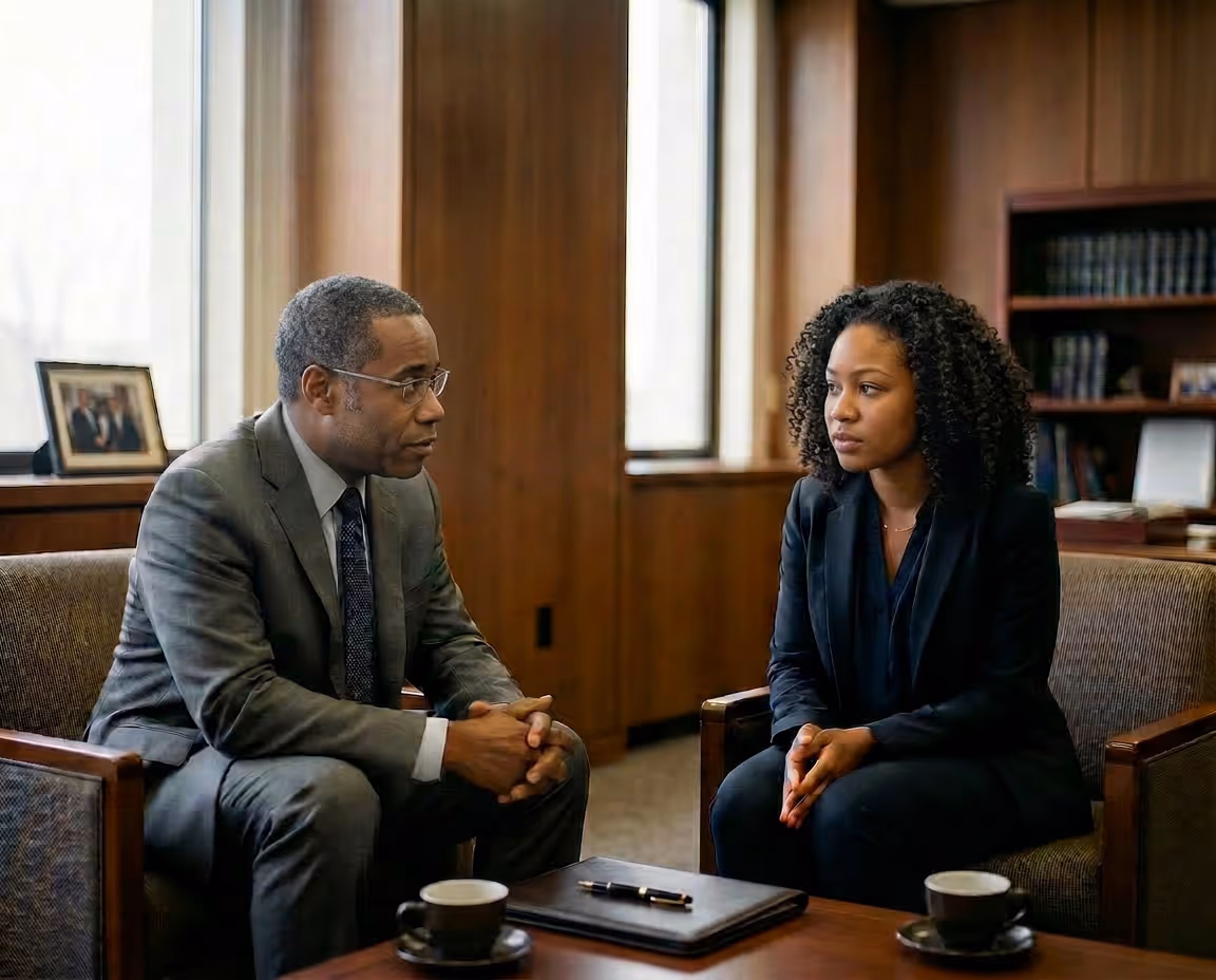 Two professionals in business attire having a focused conversation in a wood-paneled office with bookshelves and framed photos.
