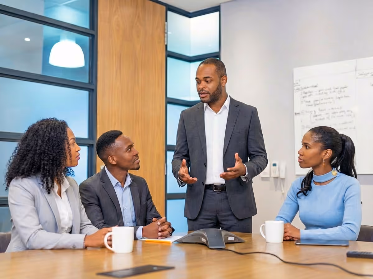 Four business professionals having a meeting in a conference room, with one man standing and speaking while the others listen attentively.