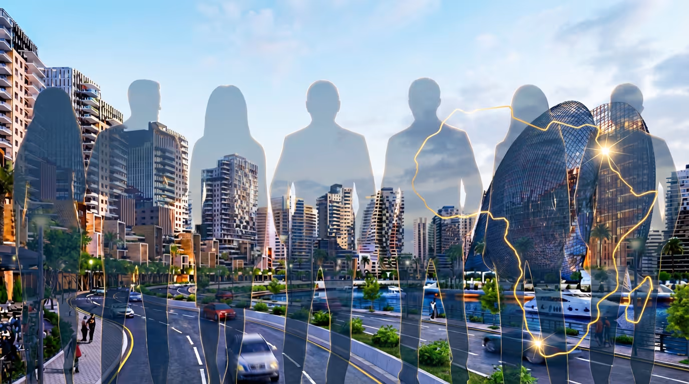 Silhouettes of seven people overlaid on a modern cityscape with roads, buildings, waterway, and a glowing outline of the African continent.