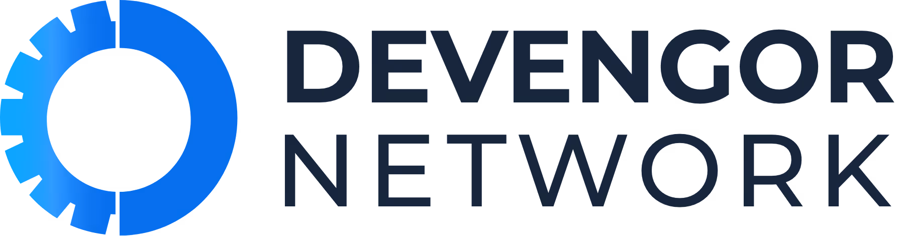 Devengor Network logo with stylized blue gear graphic to the left of the company name in dark blue text.