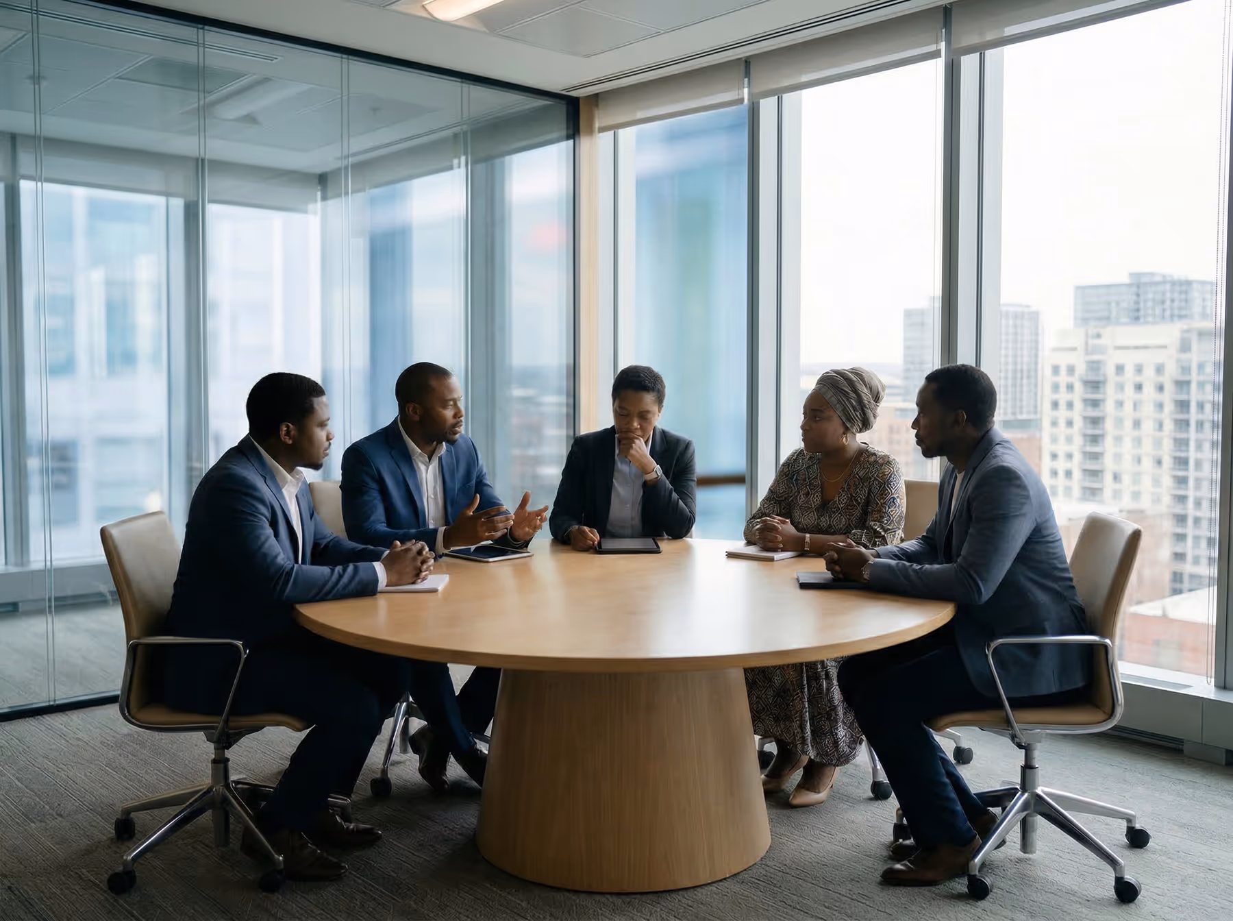 Five professionally dressed people having a discussion around a round wooden table in a modern office with large windows.
