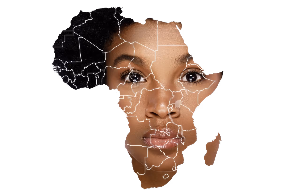 Map outline of Africa with the face of a woman visible within the continent's borders.