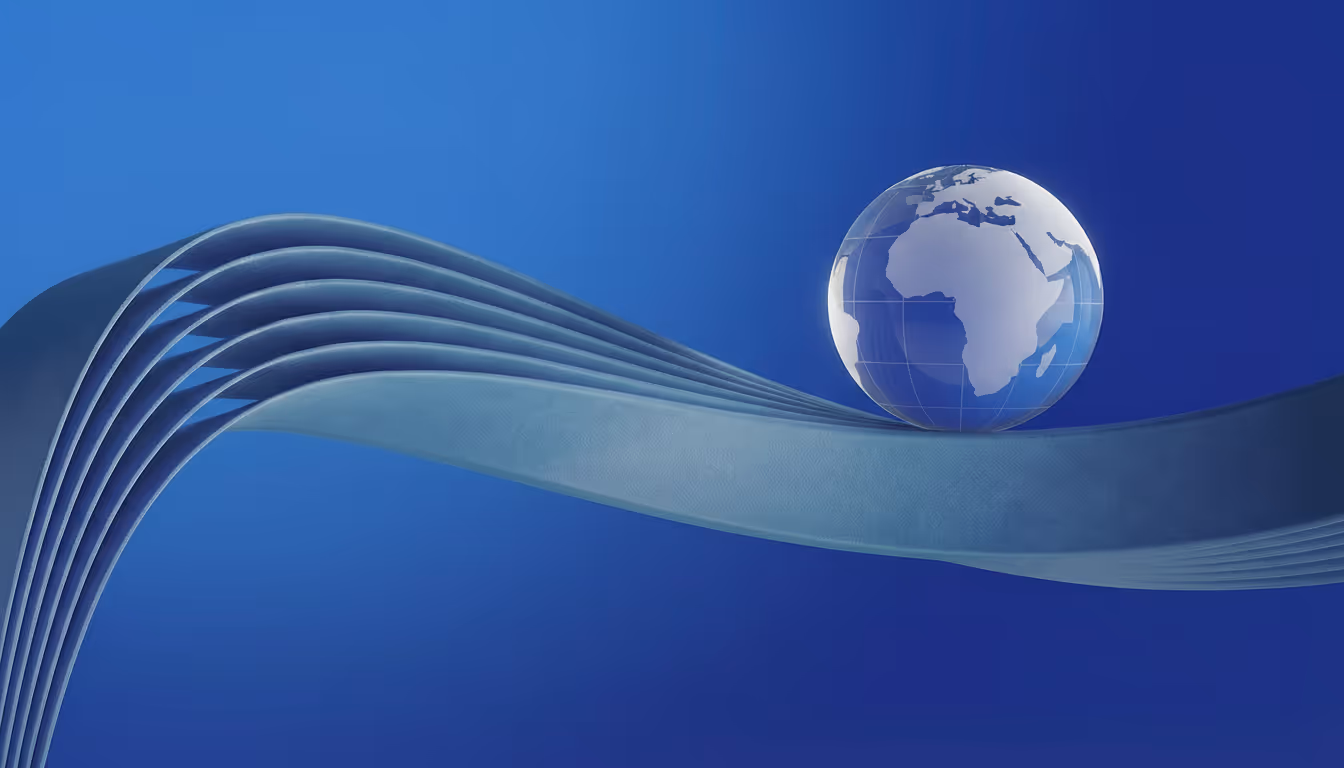 Transparent globe showing Africa resting on a flowing, layered blue wave against a gradient blue background.