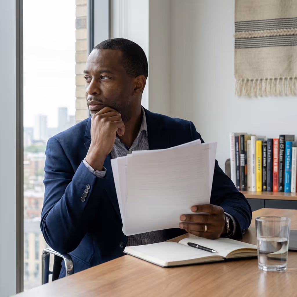 Thoughtful man in a blue suit holding papers and sitting at a wooden desk with a notebook and glass of water near a large window.
