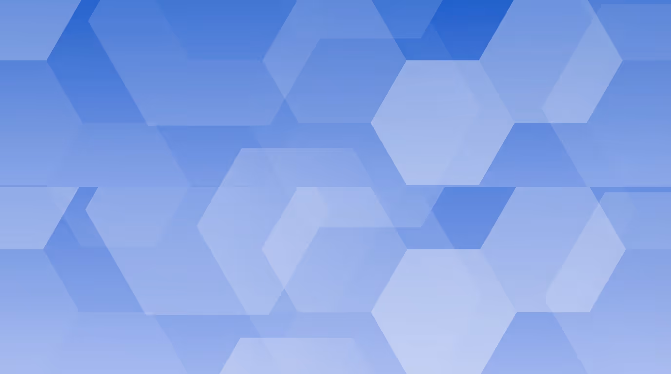 Blue abstract background with overlapping translucent hexagonal shapes.