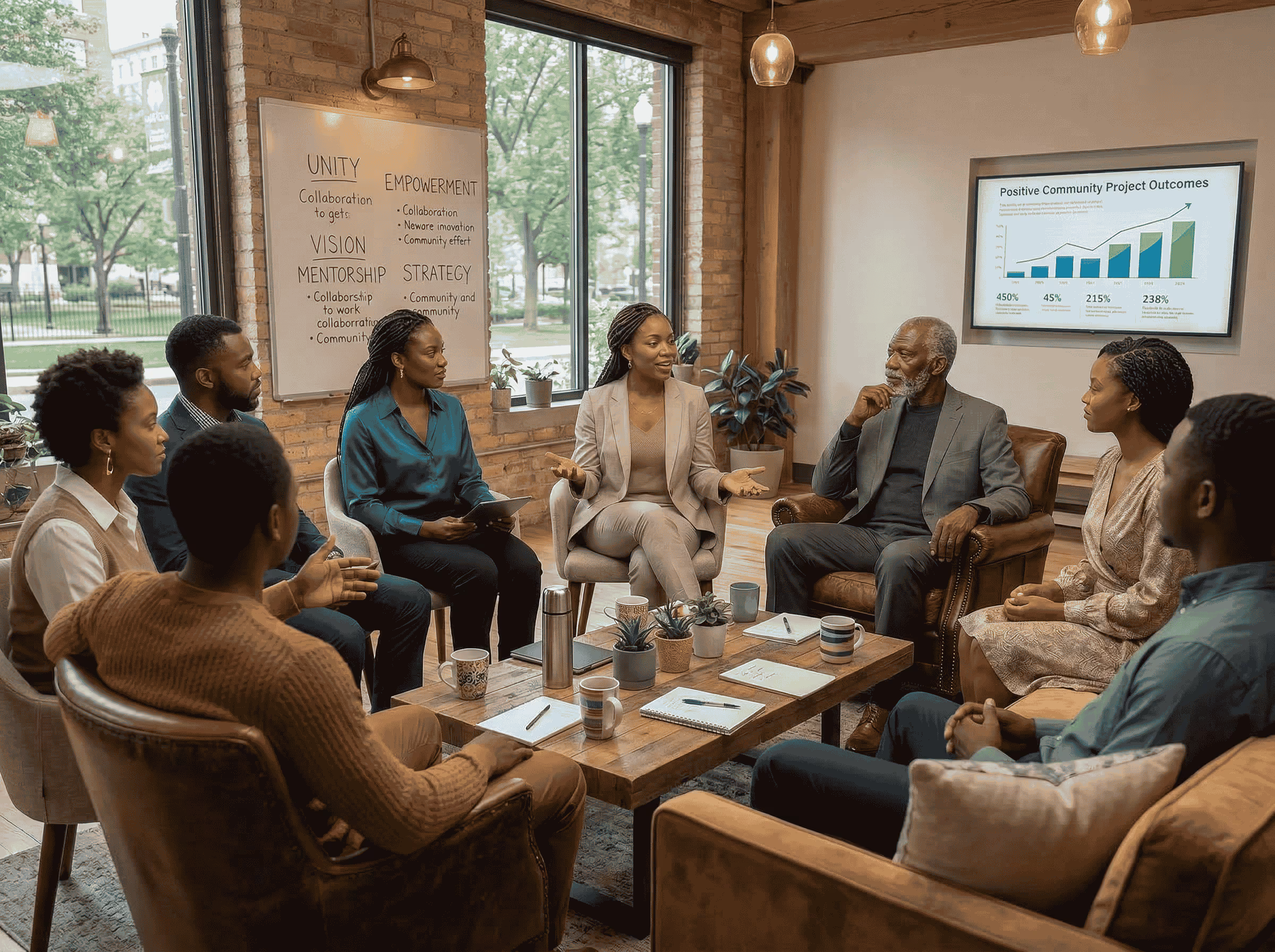 A diverse group of eight people engaged in a discussion in a cozy office setting with a whiteboard and a screen displaying positive community project outcomes.