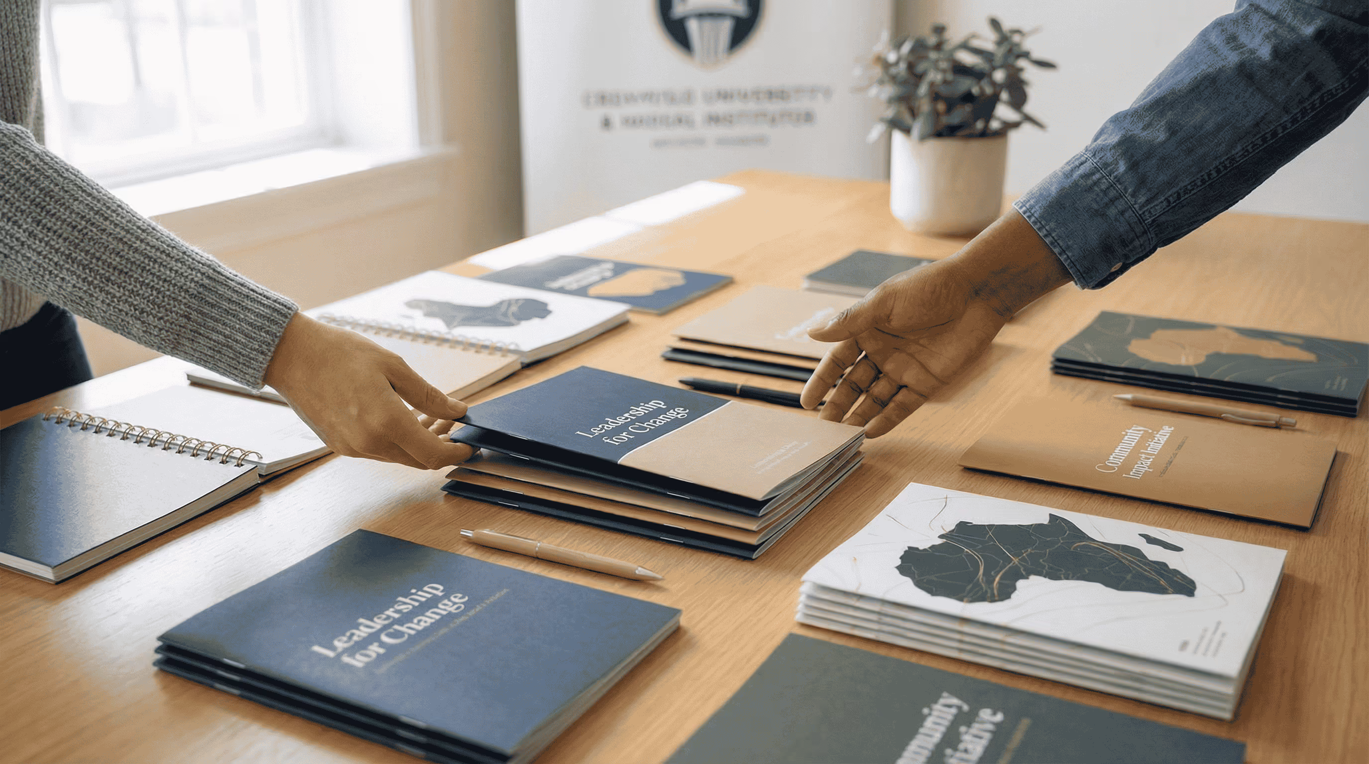 Two people exchanging a booklet titled 'Leadership for Change' over a table filled with multiple booklets and pens.