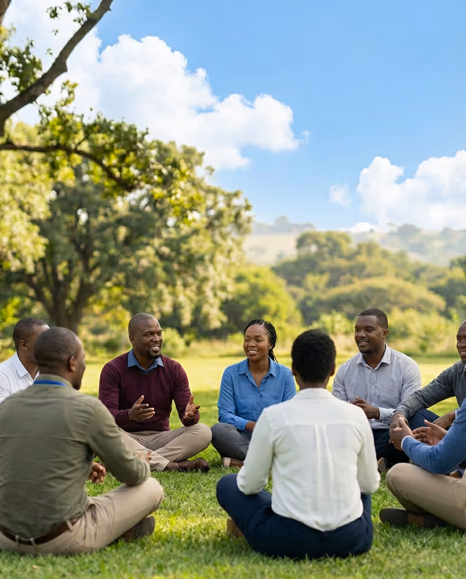 Group of seven adults sitting cross-legged on grass in a circle, engaged in conversation under a bright blue sky with trees in the background.