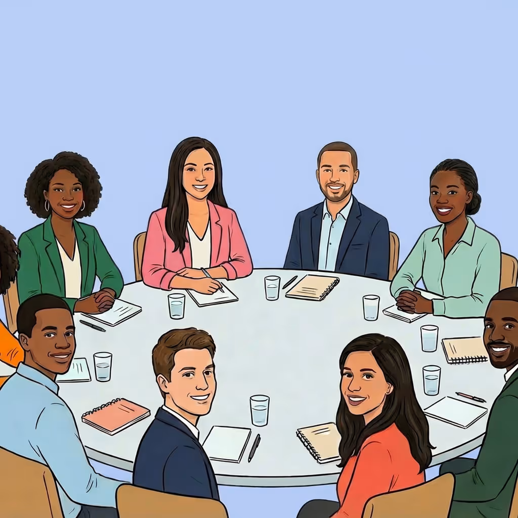 Illustration of eight diverse professionals sitting around a round table with notebooks, pens, and glasses of water, smiling and engaging.