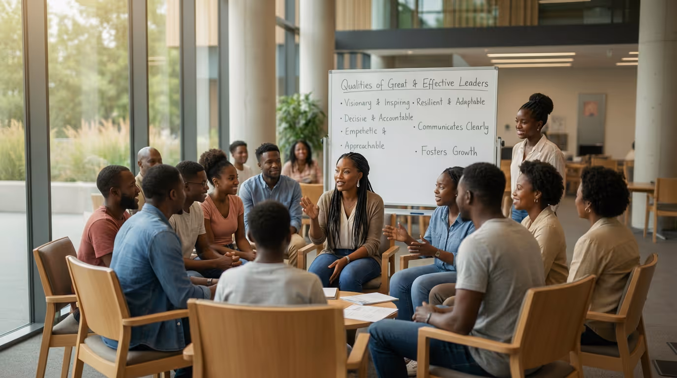 Group of people engaged in a discussion in a circle with a whiteboard listing qualities of great and effective leaders.