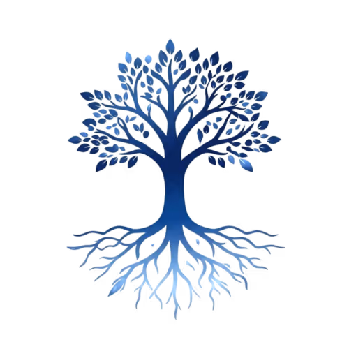 Blue stylized tree with extensive branches and roots on a black background.