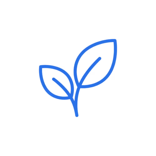 Blue outline icon of a plant with two leaves on a black background.